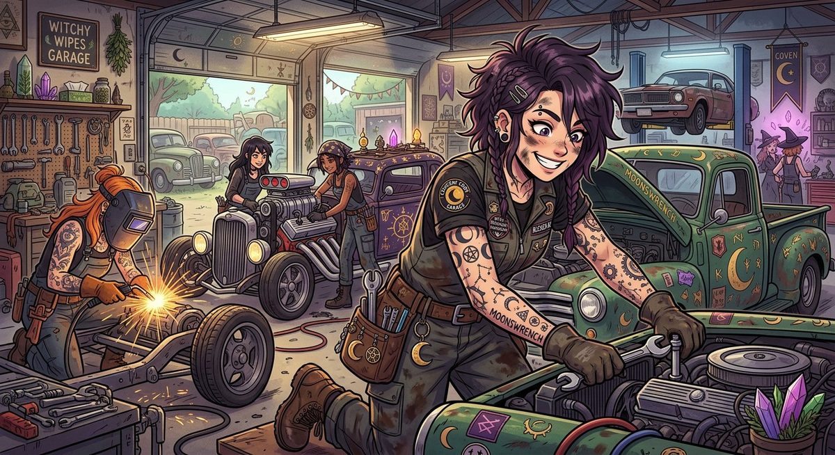 The Witchy Wipes Garage — Moonswrench coven workspace